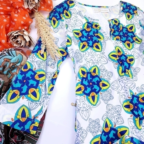 Tracy Negoshian White Blue Tunic Dress Sz Xs - Picture 2 of 9